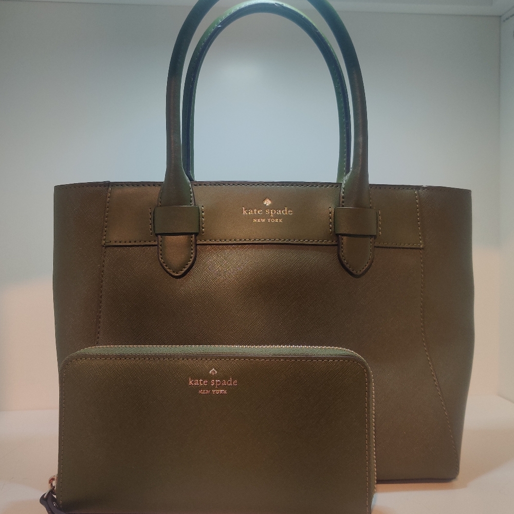 kate spade olive green leather tote with matching wallet